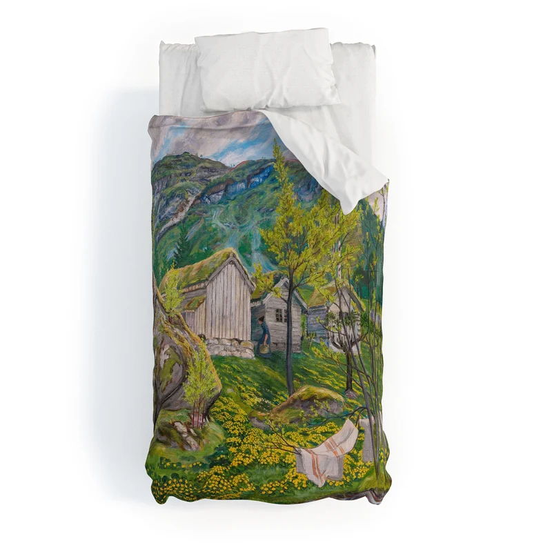 Yellow buttercup blossoms Spring Mood by Old Cotters Farm alpine landscape by Nikolai Astrup Duvet Cover