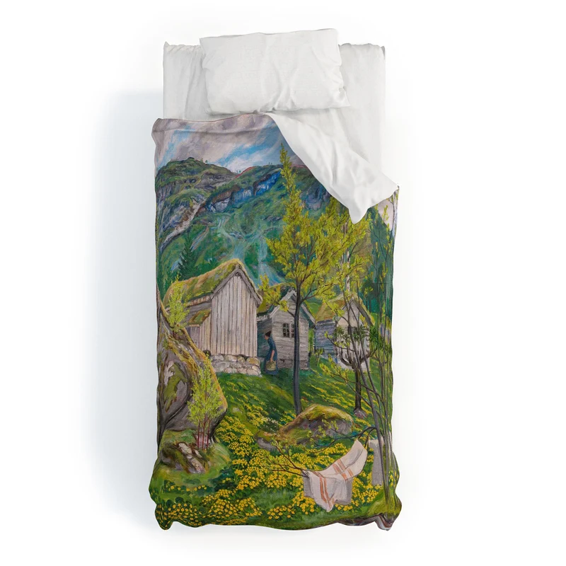 Yellow buttercup blossoms Spring Mood by Old Cotters Farm alpine landscape by Nikolai Astrup Duvet Cover