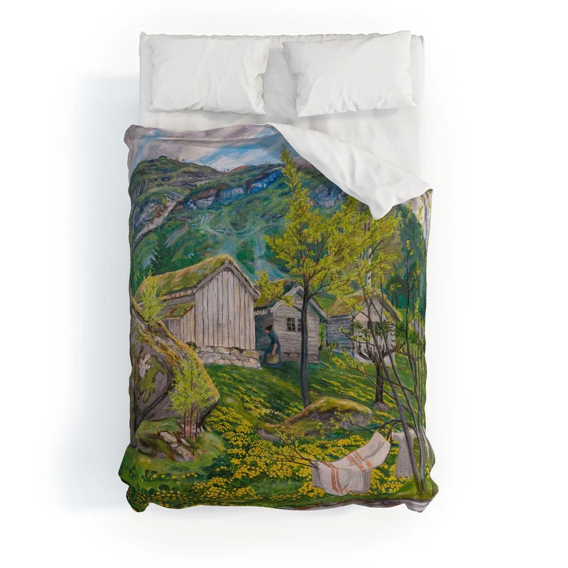 Yellow buttercup blossoms Spring Mood by Old Cotters Farm alpine landscape by Nikolai Astrup Duvet Cover