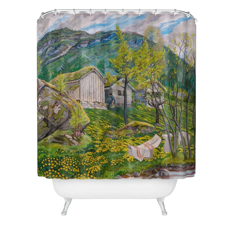 Yellow buttercup blossoms Spring Mood by Old Cotters Farm alpine landscape by Nikolai Astrup Shower Curtain