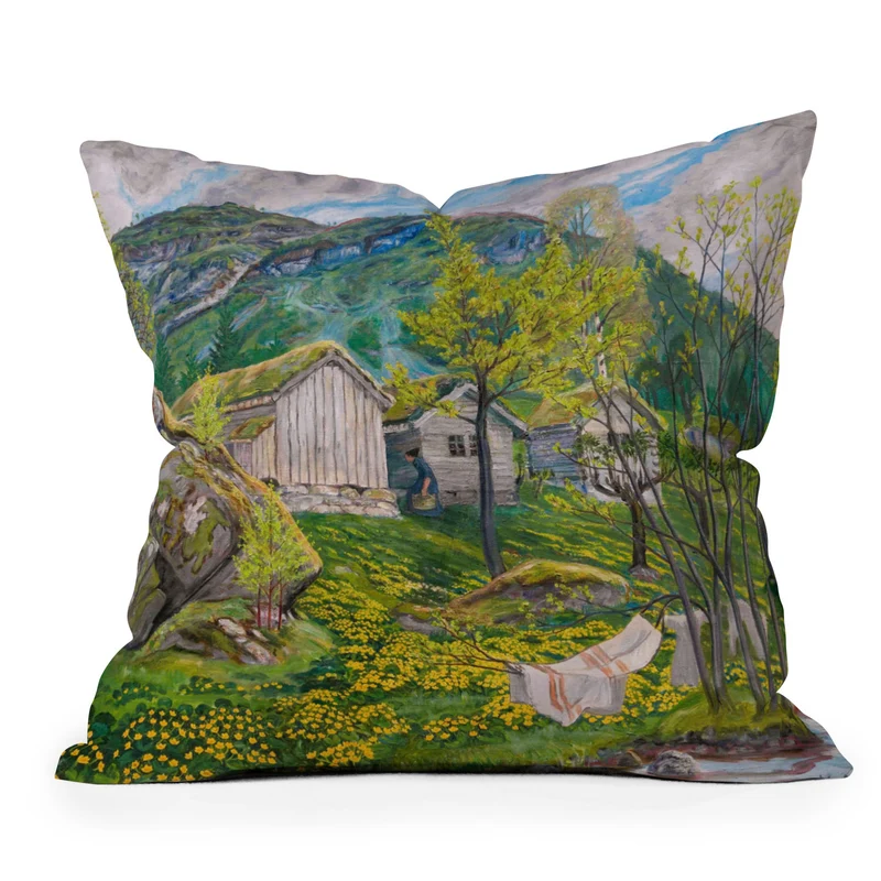 Yellow buttercup blossoms Spring Mood by Old Cotters Farm alpine landscape by Nikolai Astrup Throw Pillow