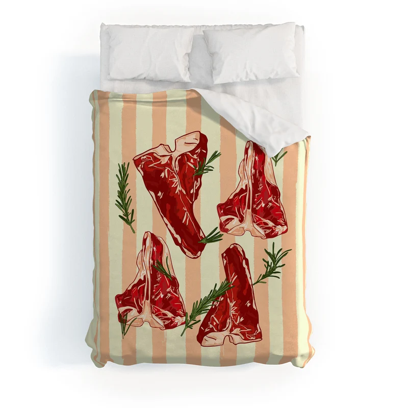 Steaks and Rosemary on Stripes Duvet Cover