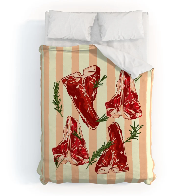 Steaks and Rosemary on Stripes Duvet Cover