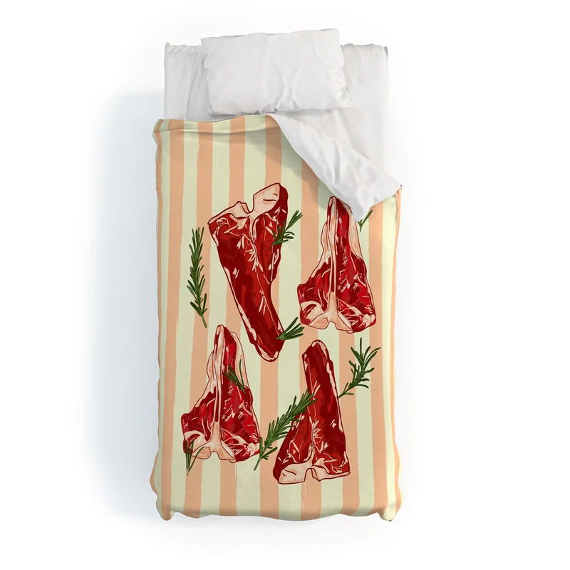 Steaks and Rosemary on Stripes Duvet Cover