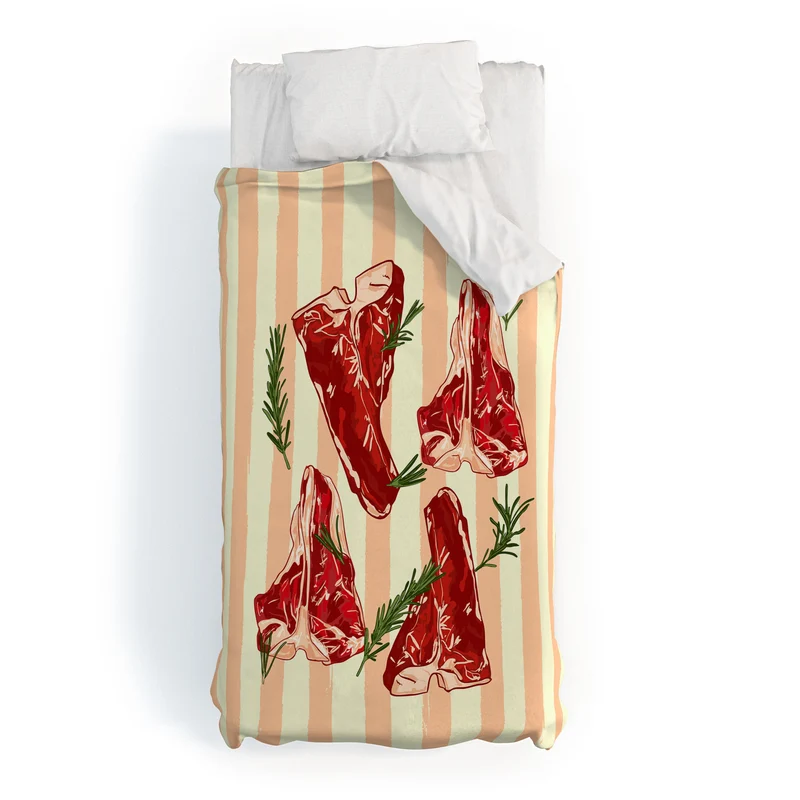 Steaks and Rosemary on Stripes Duvet Cover