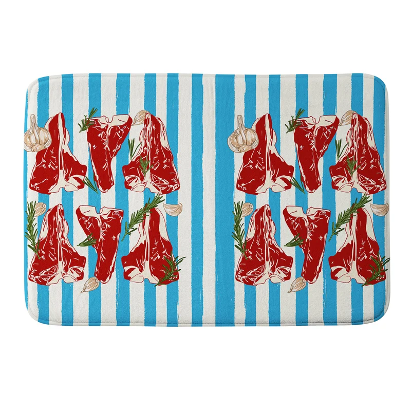 Steak and Herbs on Blue Stripes Bath Mat