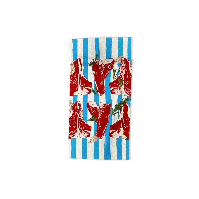 Steak and Herbs on Blue Stripes Bath Towel
