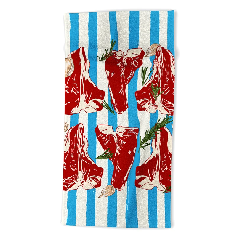 Steak and Herbs on Blue Stripes Bath Towel