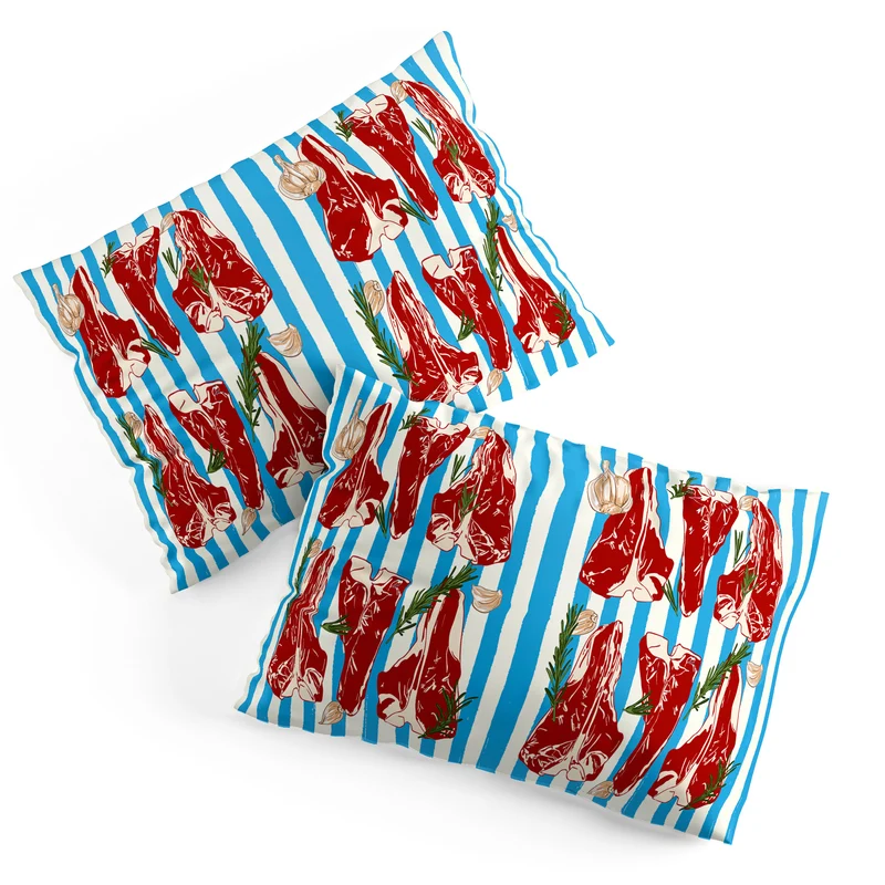 Steak and Herbs on Blue Stripes Pillow Sham