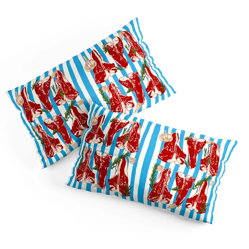 Steak and Herbs on Blue Stripes Pillow Sham