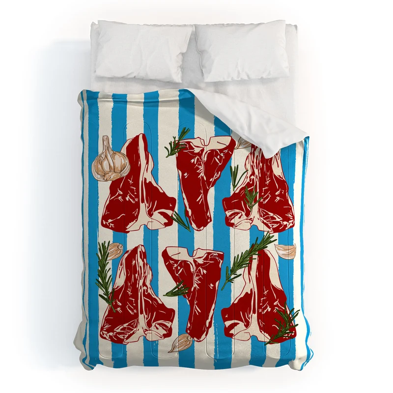 Steak and Herbs on Blue Stripes Comforter