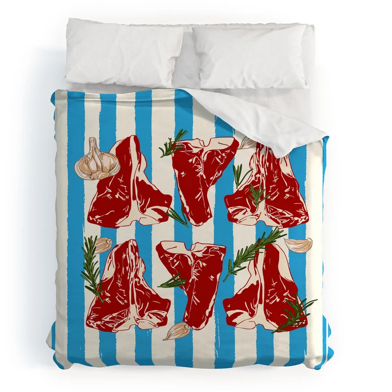 Steak and Herbs on Blue Stripes Duvet Cover