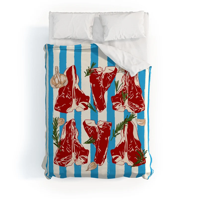 Steak and Herbs on Blue Stripes Duvet Cover
