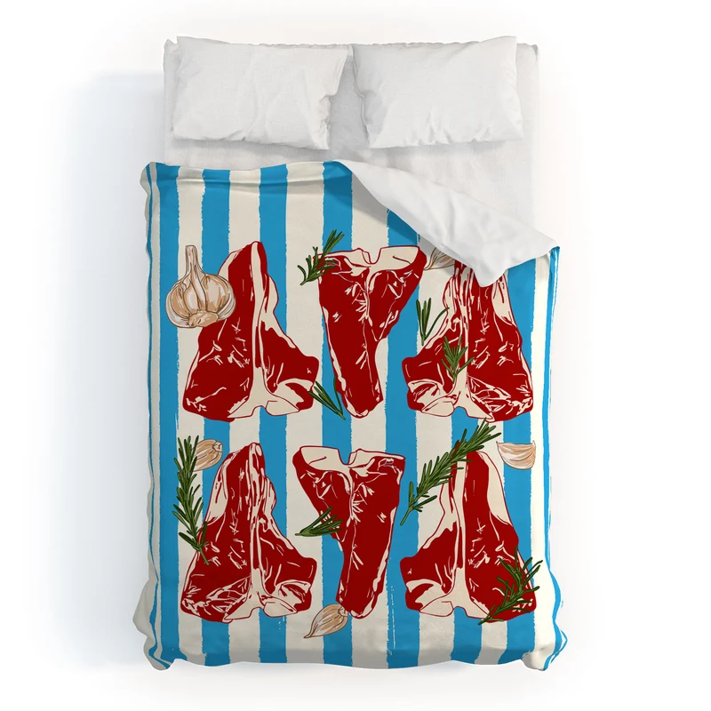 Steak and Herbs on Blue Stripes Duvet Cover