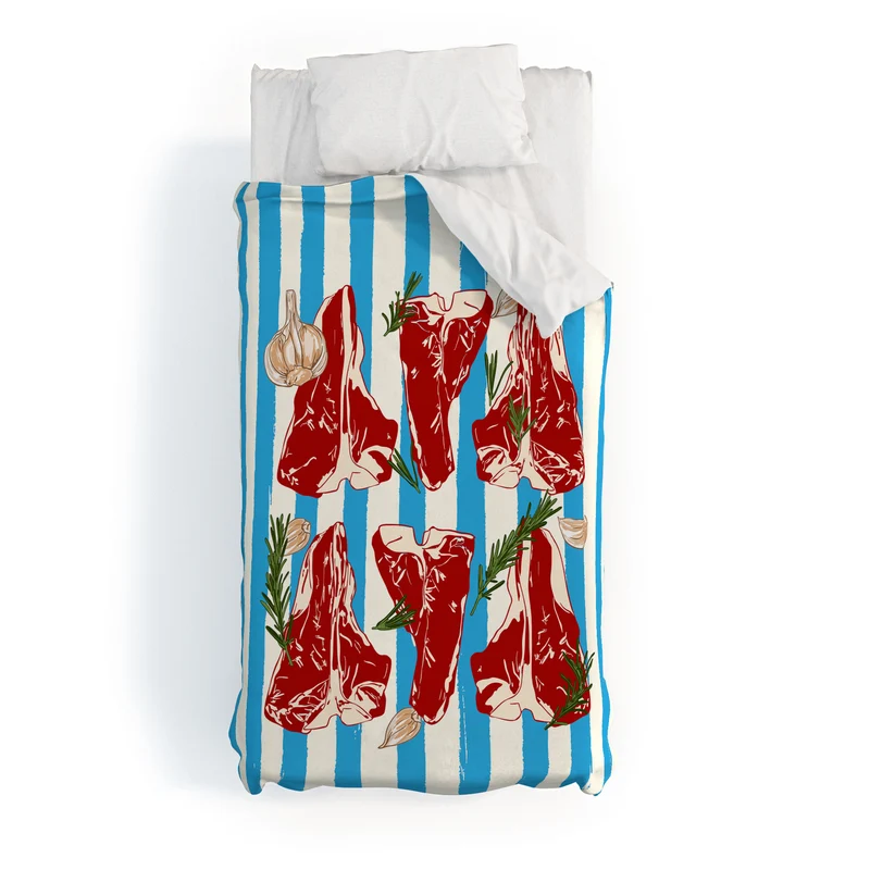 Steak and Herbs on Blue Stripes Duvet Cover