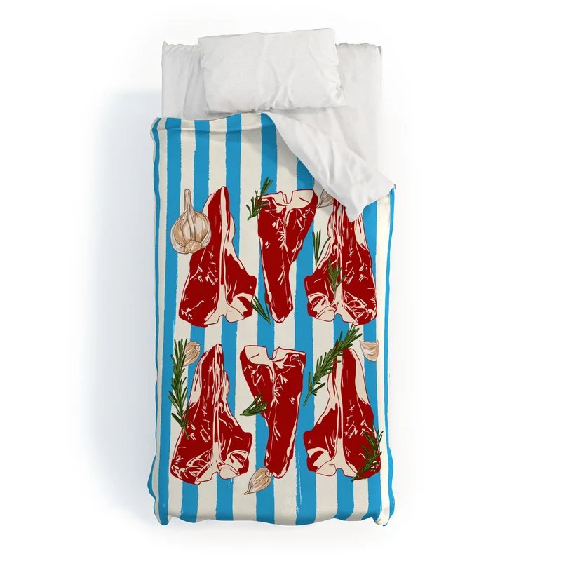 Steak and Herbs on Blue Stripes Duvet Cover