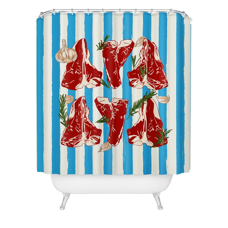 Steak and Herbs on Blue Stripes Shower Curtain
