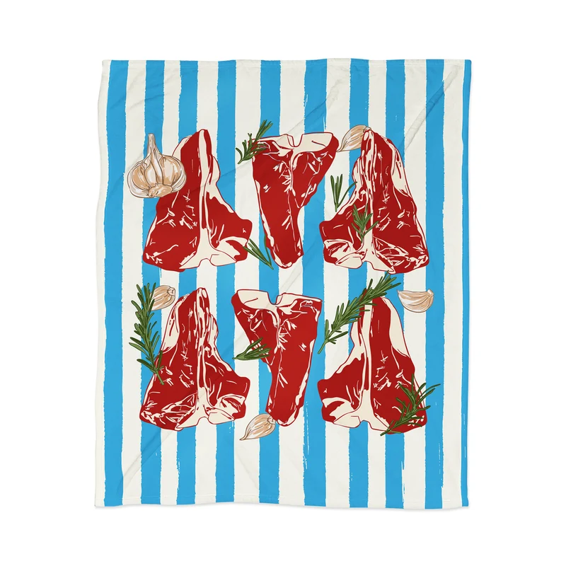 Steak and Herbs on Blue Stripes Throw Blanket