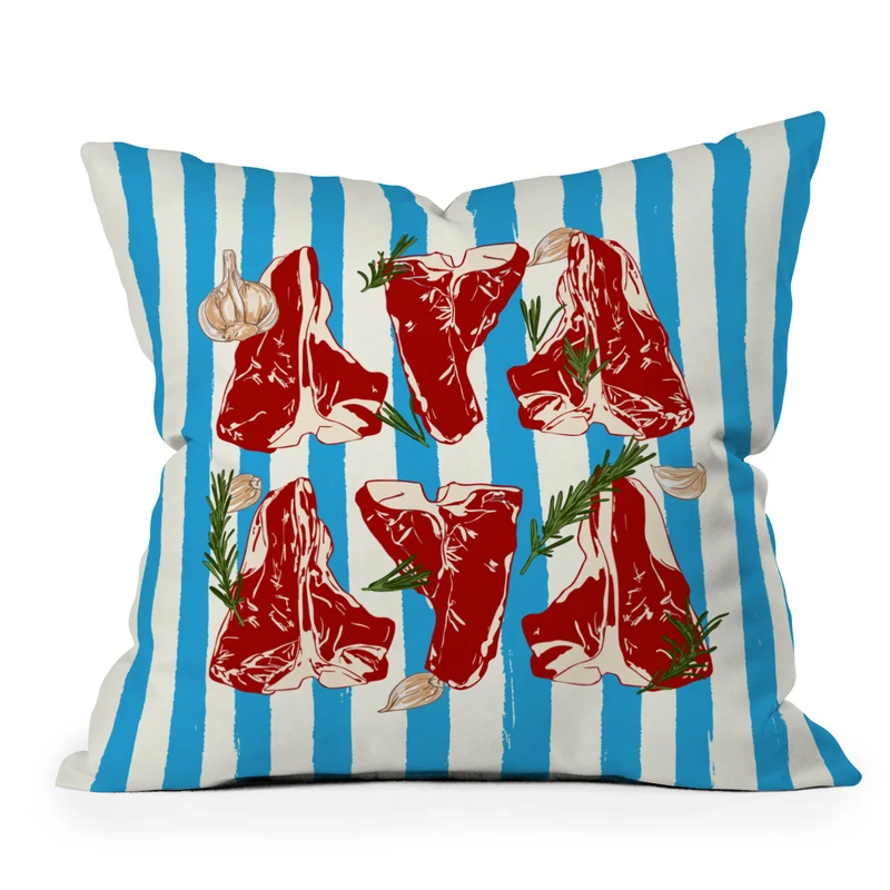 Steak and Herbs on Blue Stripes Throw Pillow