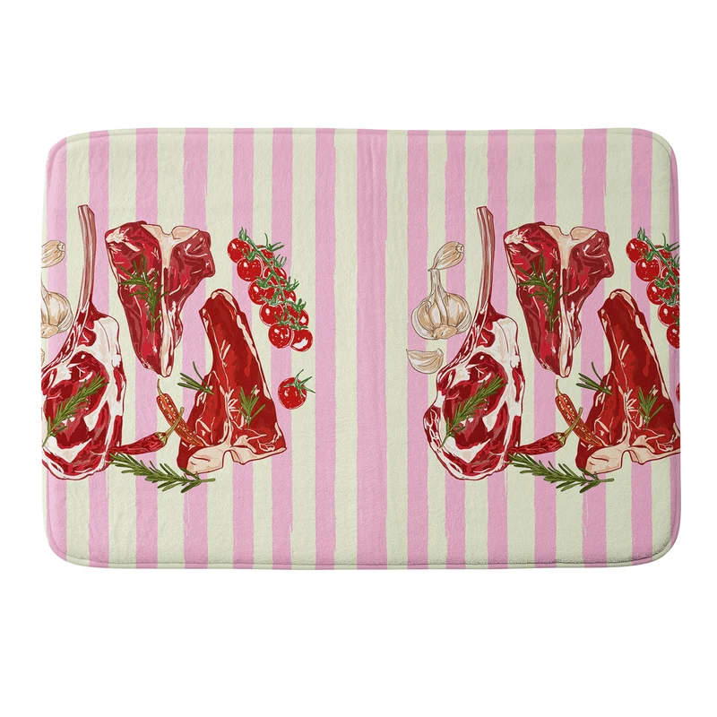 Herb Seasoned Steak Vintage Food Pink Stripe Illustration Bath Mat