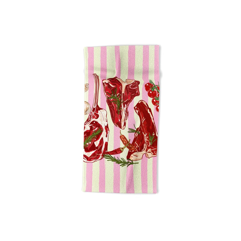 Herb Seasoned Steak Vintage Food Pink Stripe Illustration Bath Towel