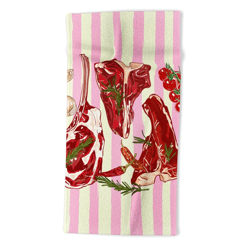 Herb Seasoned Steak Vintage Food Pink Stripe Illustration Bath Towel
