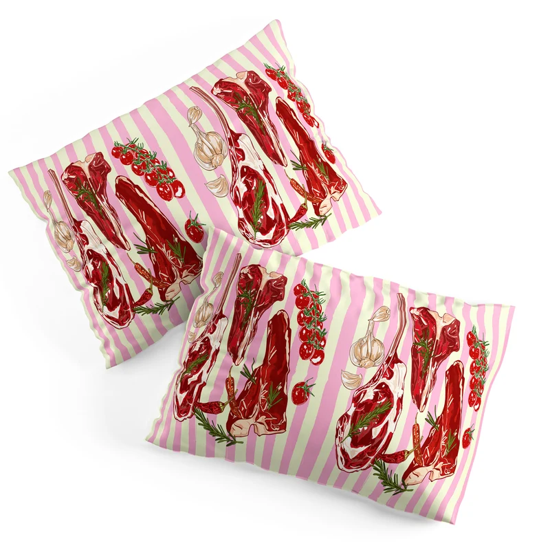 Herb Seasoned Steak Vintage Food Pink Stripe Illustration Pillow Sham