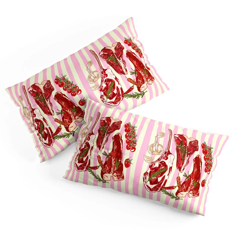 Herb Seasoned Steak Vintage Food Pink Stripe Illustration Pillow Sham
