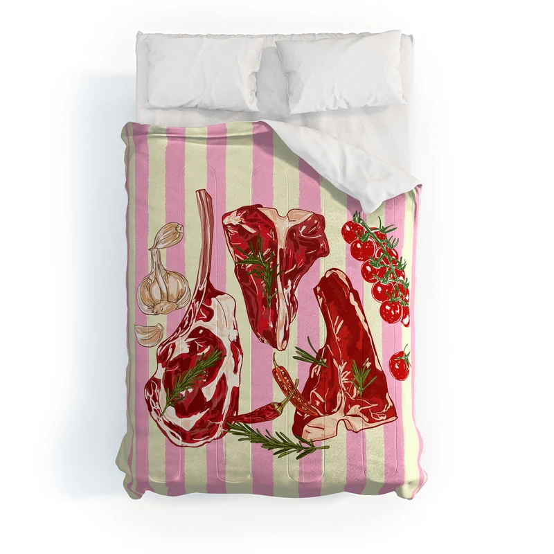 Herb Seasoned Steak Vintage Food Pink Stripe Illustration Comforter