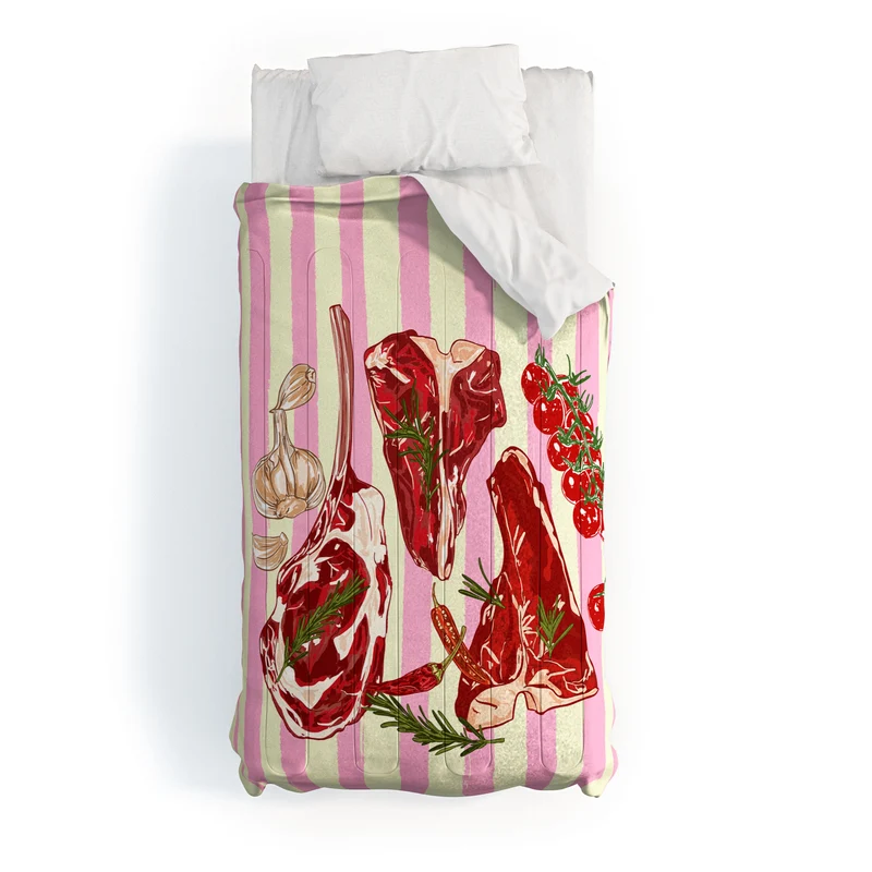 Herb Seasoned Steak Vintage Food Pink Stripe Illustration Comforter