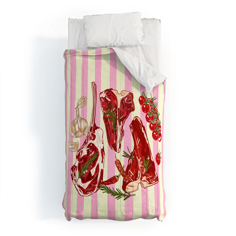 Herb Seasoned Steak Vintage Food Pink Stripe Illustration Comforter