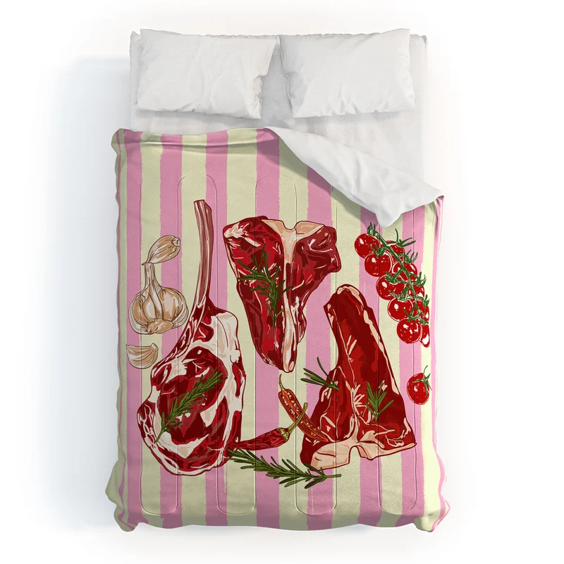 Herb Seasoned Steak Vintage Food Pink Stripe Illustration Comforter