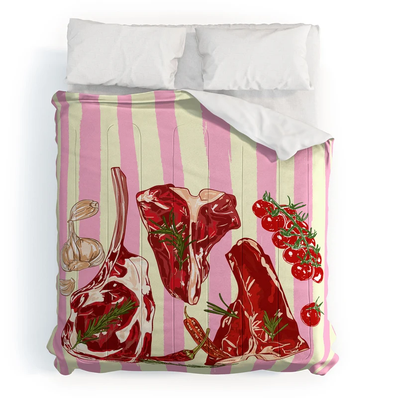 Herb Seasoned Steak Vintage Food Pink Stripe Illustration Comforter