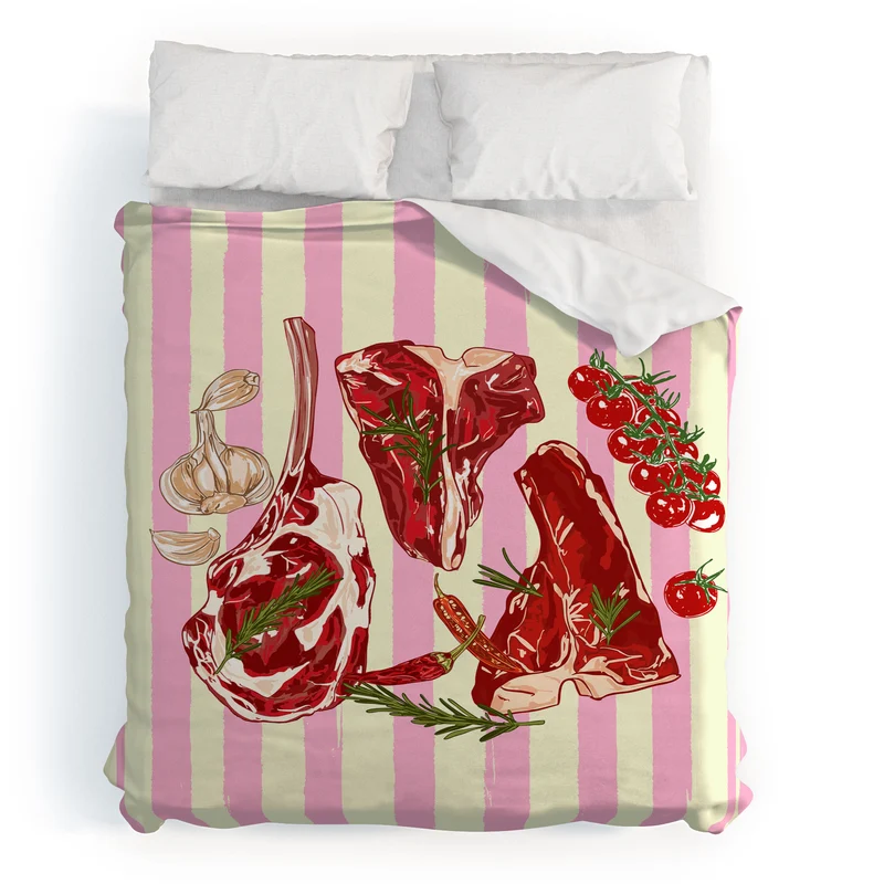Herb Seasoned Steak Vintage Food Pink Stripe Illustration Duvet Cover