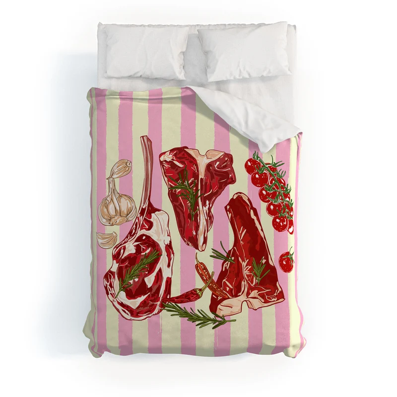 Herb Seasoned Steak Vintage Food Pink Stripe Illustration Duvet Cover