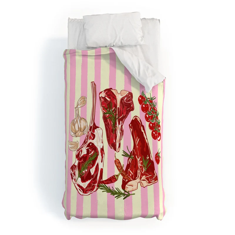 Herb Seasoned Steak Vintage Food Pink Stripe Illustration Duvet Cover