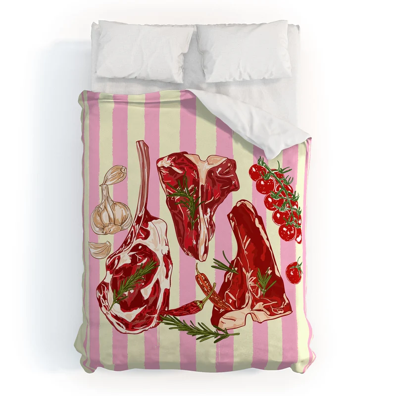 Herb Seasoned Steak Vintage Food Pink Stripe Illustration Duvet Cover