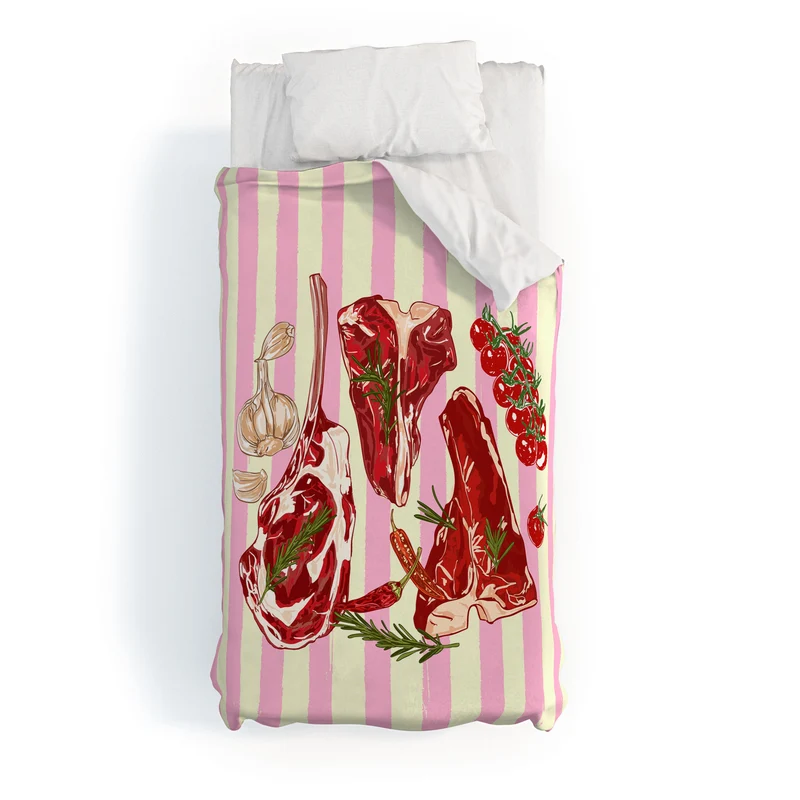 Herb Seasoned Steak Vintage Food Pink Stripe Illustration Duvet Cover