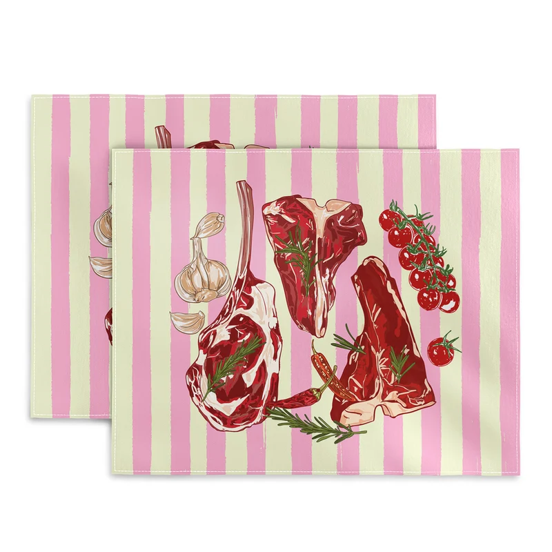 Herb Seasoned Steak Vintage Food Pink Stripe Illustration Placemat