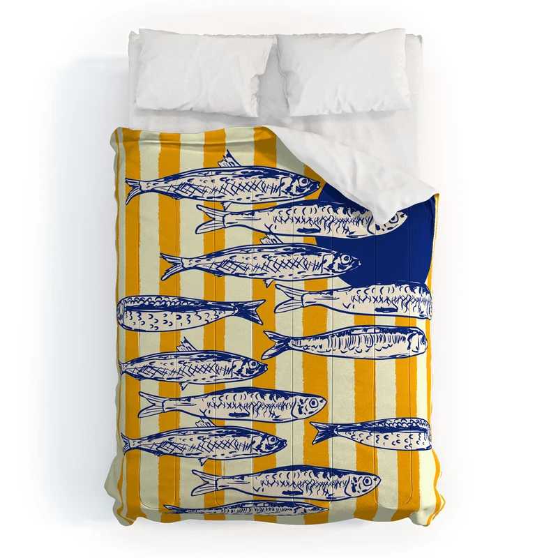 Bright Yellow Stripes and Sardines Sunset Coastal Illustration Comforter