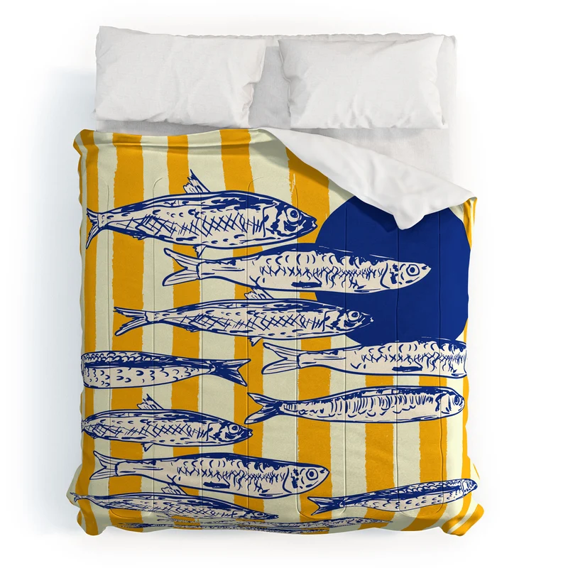 Bright Yellow Stripes and Sardines Sunset Coastal Illustration Comforter
