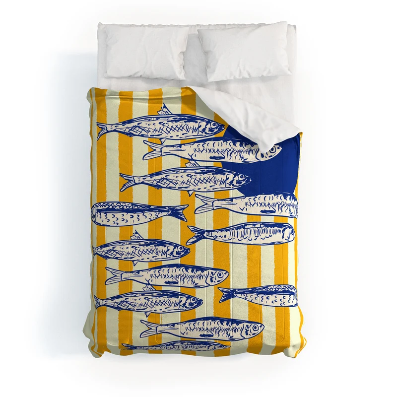 Bright Yellow Stripes and Sardines Sunset Coastal Illustration Comforter