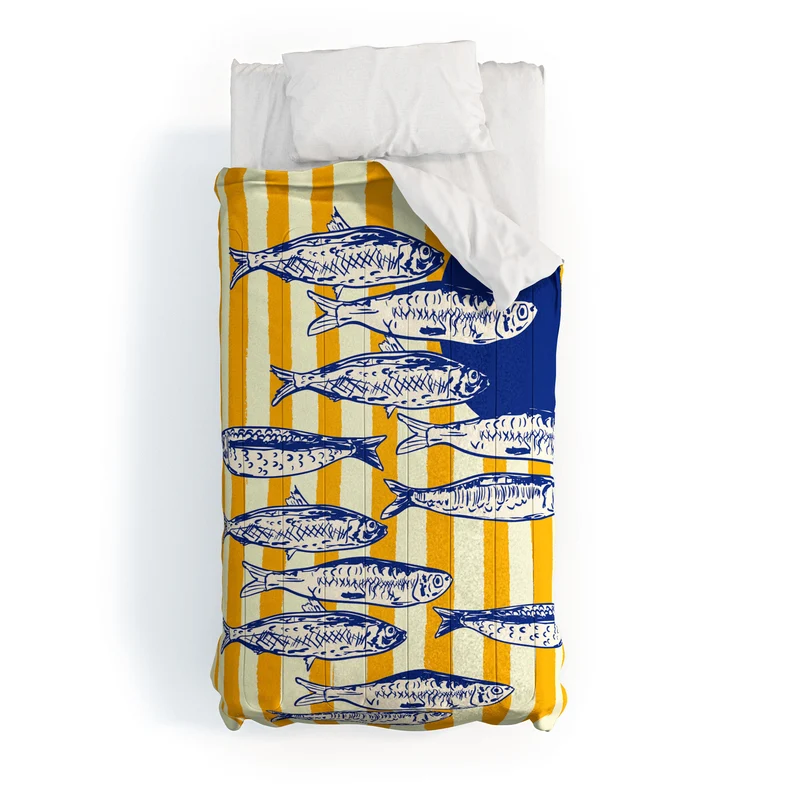 Bright Yellow Stripes and Sardines Sunset Coastal Illustration Comforter