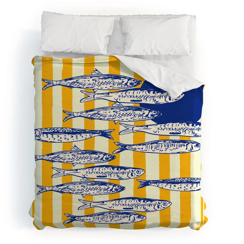 Bright Yellow Stripes and Sardines Sunset Coastal Illustration Duvet Cover