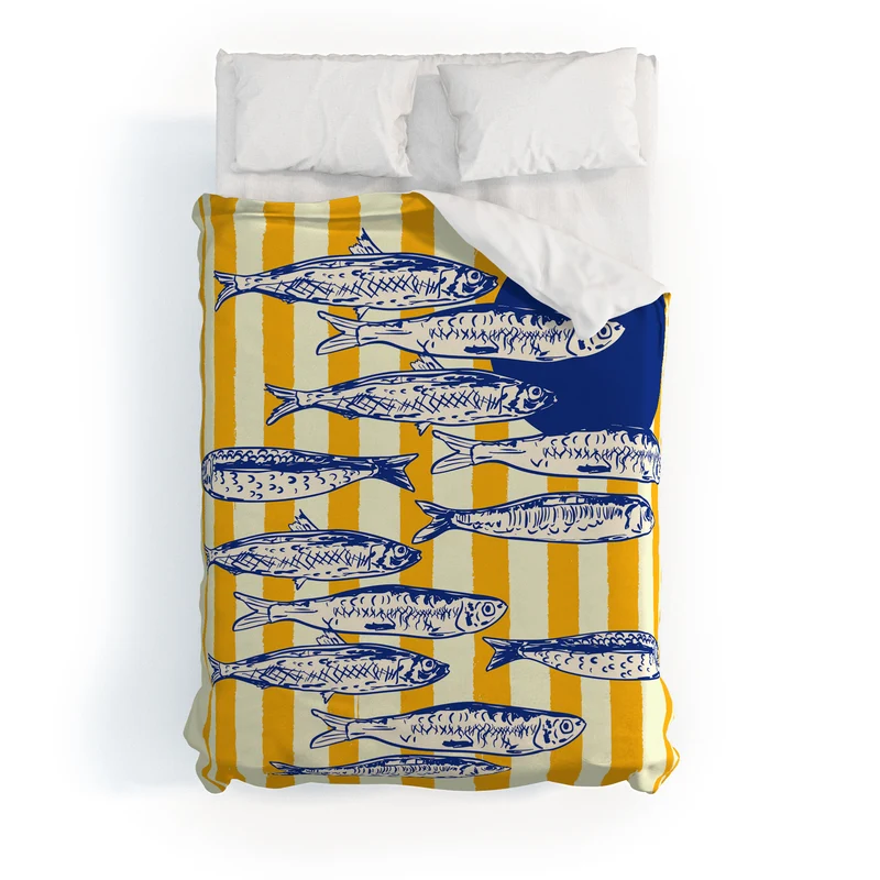 Bright Yellow Stripes and Sardines Sunset Coastal Illustration Duvet Cover