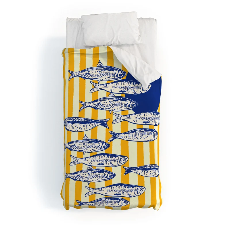 Bright Yellow Stripes and Sardines Sunset Coastal Illustration Duvet Cover