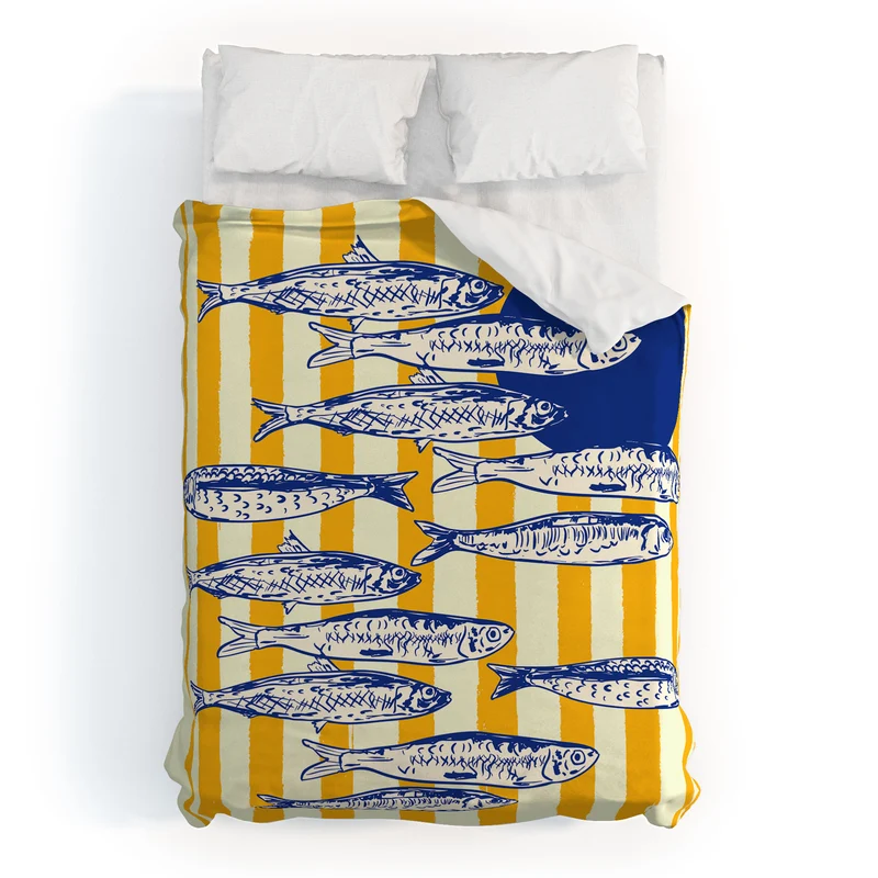 Bright Yellow Stripes and Sardines Sunset Coastal Illustration Duvet Cover