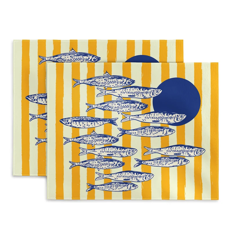 Bright Yellow Stripes and Sardines Sunset Coastal Illustration Placemat