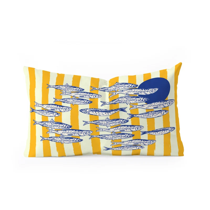 Bright Yellow Stripes and Sardines Sunset Coastal Illustration Rectangular Pillow