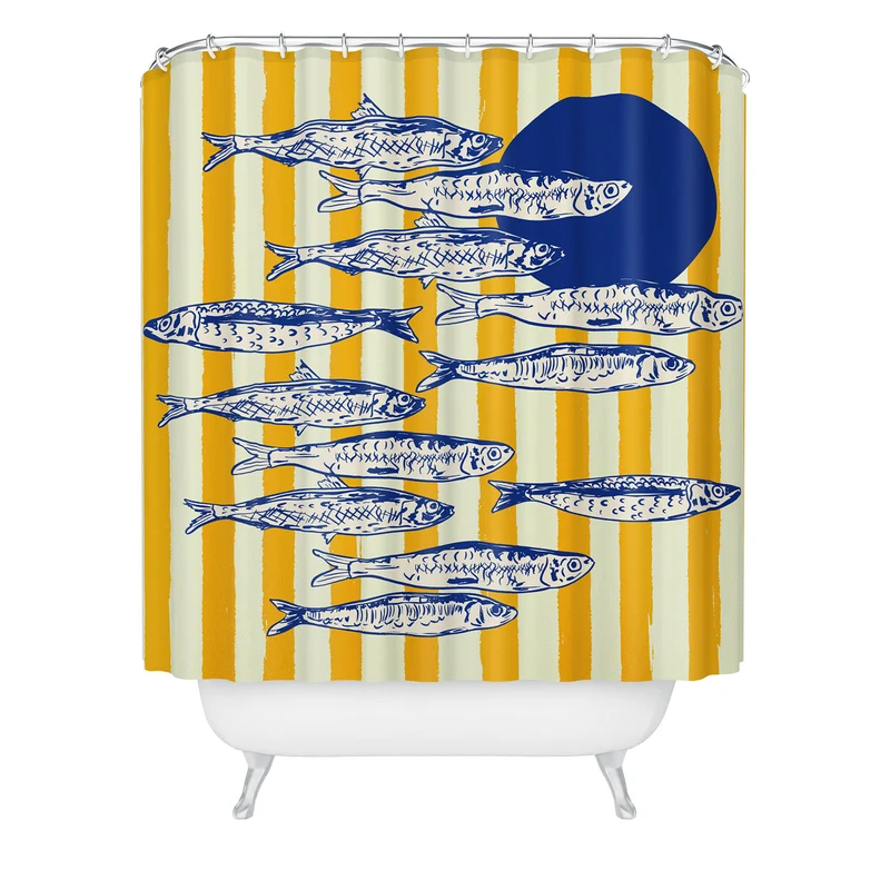 Bright Yellow Stripes and Sardines Sunset Coastal Illustration Shower Curtain